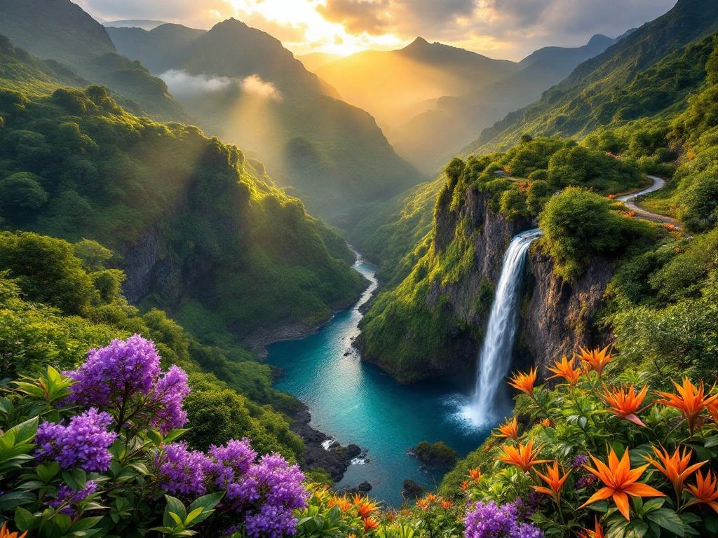 Luchtfoto van Madeira's groene levada-paden door laurierbossen met watervallen, jacaranda bloemen en mistige bergen