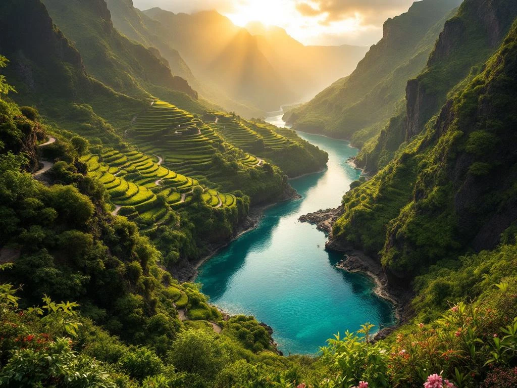 Luchtfoto van Madeira's groene bergen, terrasvormige wijngaarden en turquoise water tijdens gouden uur