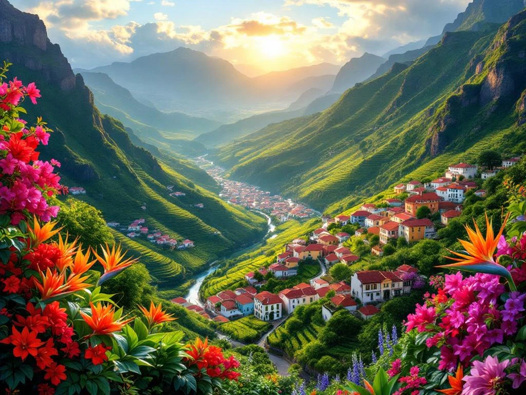 Luchtfoto van Madeira's berglandschap met Portugese huizen, terrasvormige wijngaarden en tropische bloemen bij gouden uur