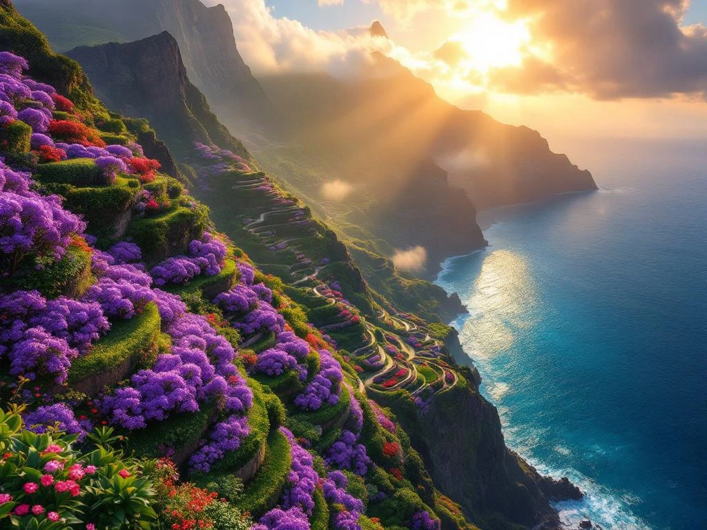Luchtfoto van Madeira met paarse jacaranda bomen, groene bergen, kleurrijke bloemen en de Atlantische Oceaan tijdens bloeitijd