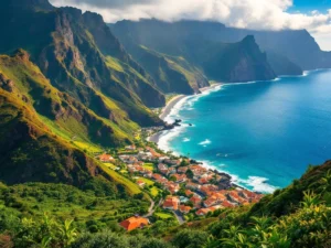 Luchtfoto van Madeira's kustlijn met hotels in Funchal, traditionele dorpen en subtropische vegetatie langs de Atlantische Oceaan
