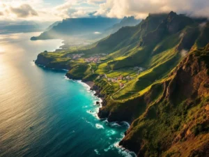 Luchtfoto van Madeira's dramatische kustlijn met smaragdgroene kliffen, wijngaarden en levada-kanalen door wouden