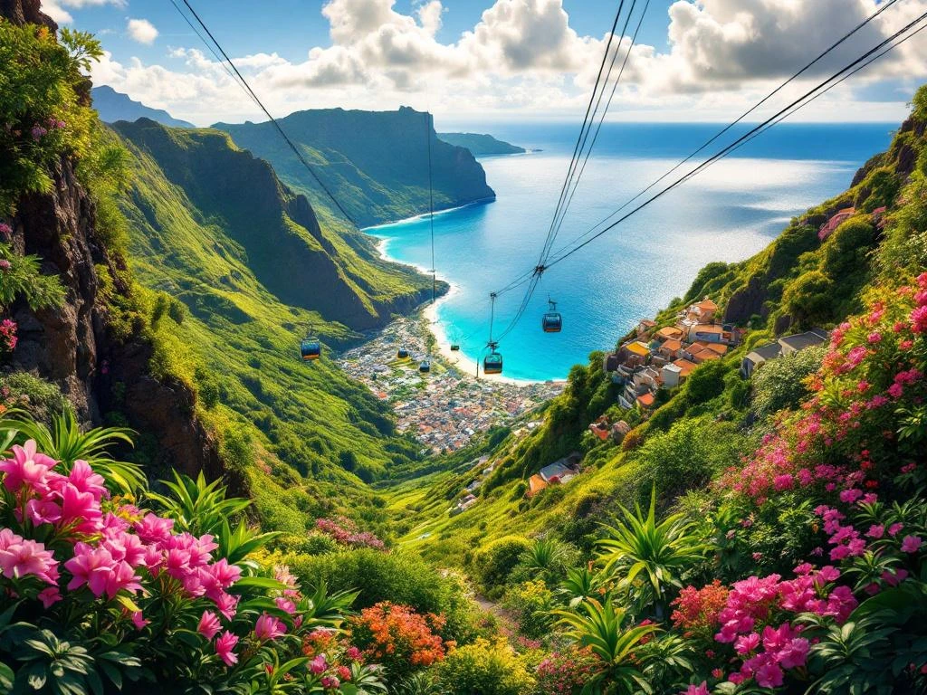 Luchtfoto van Madeira's kustlijn met kabelbanen van Funchal, tropische tuinen en Atlantische Oceaan voor gezinsvakantie