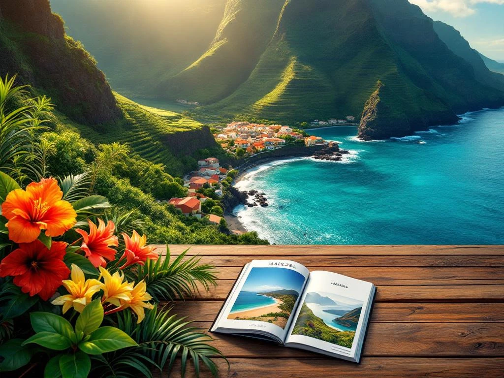 Luchtfoto van Madeira's kustlijn met groene terrassen, turquoise water en traditionele Portugese huizen tussen laurierbossen