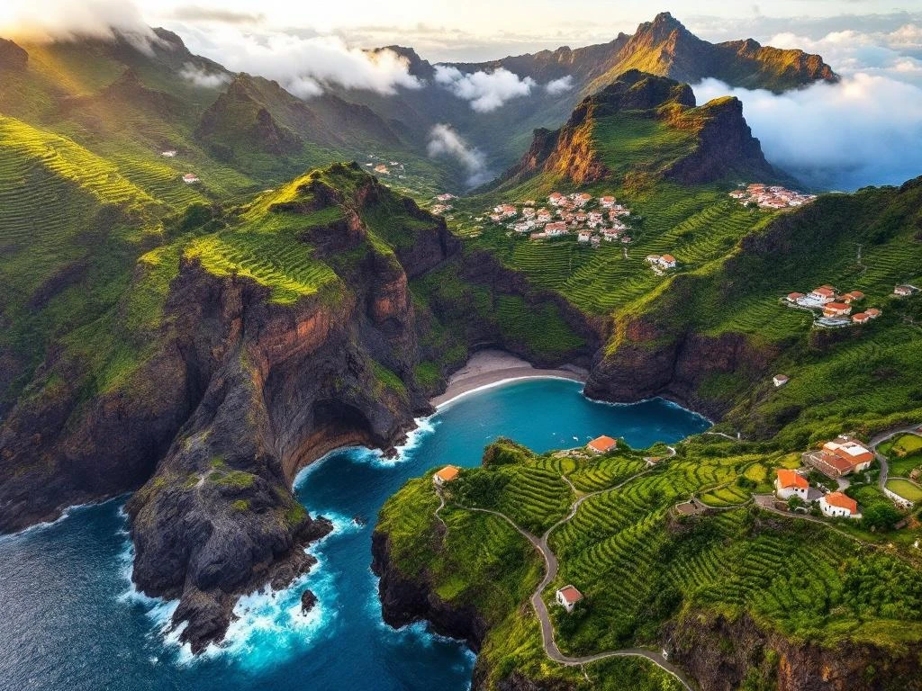 Luchtfoto van Madeira's dramatische kustlijn met vulkanische kliffen, terrasvormige wijngaarden en Atlantische Oceaan