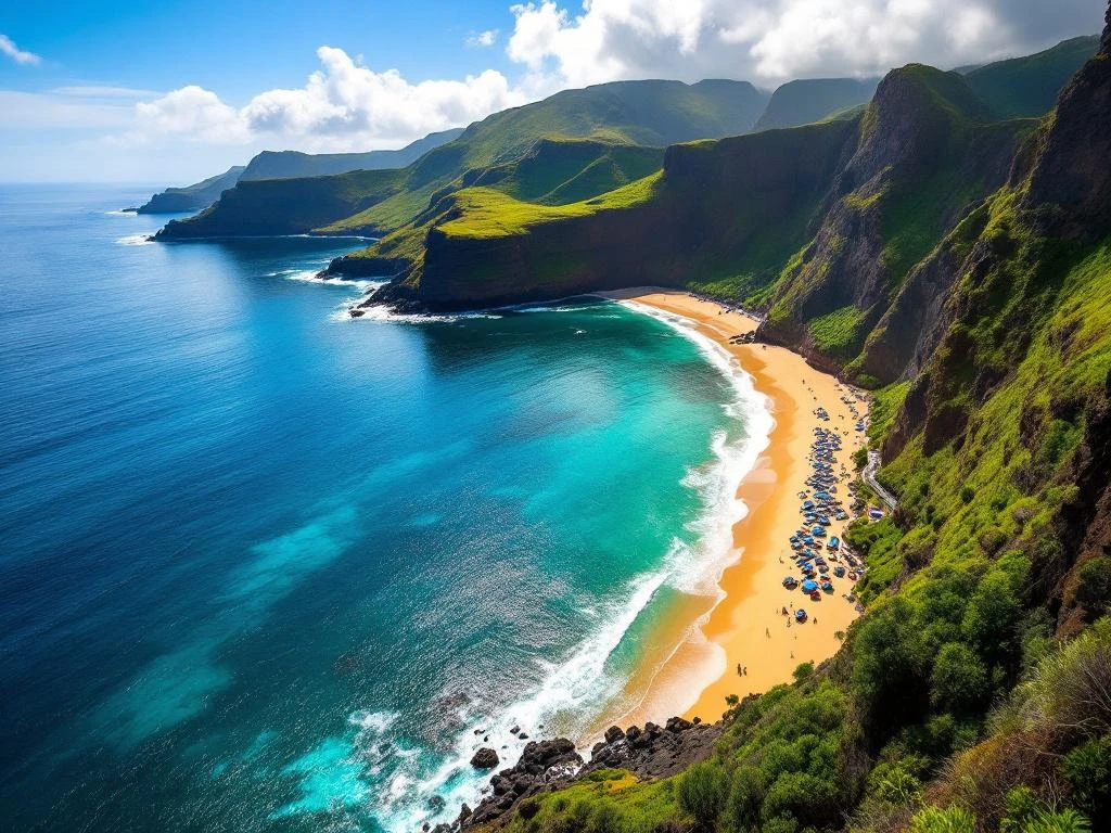 Luchtfoto van Madeira's kustlijn met gouden en zwarte vulkanische stranden tegen turquoise Atlantische wateren en groene kliffen