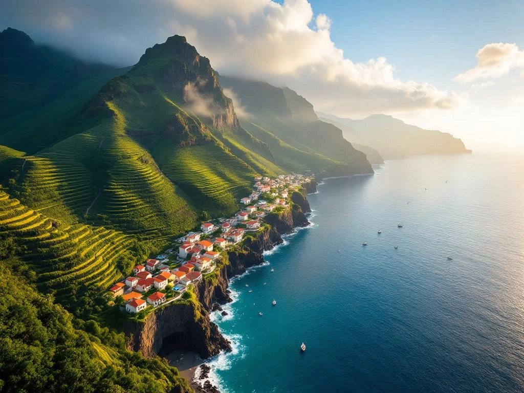 Luchtfoto van Madeira met groene terrassen, Atlantische oceaan, traditionele vissersboten en Portugese architectuur