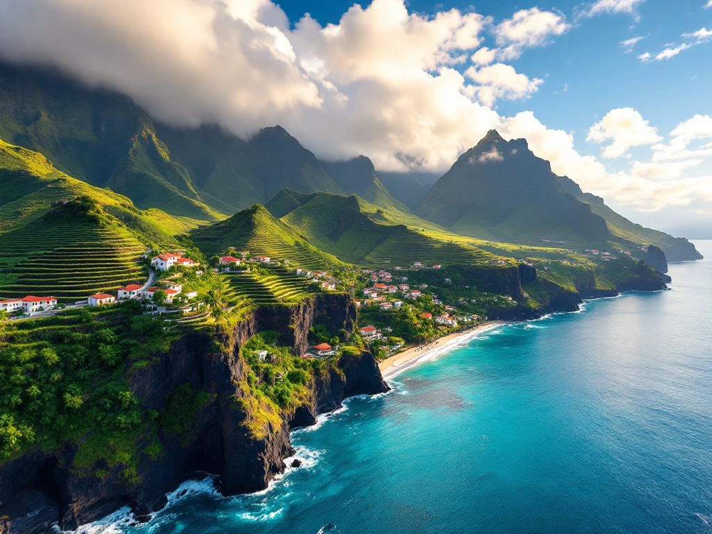 Luchtfoto van Madeira met terrasvormige hellingen, turkooizen zee, groene bergen en traditionele Portugese architectuur