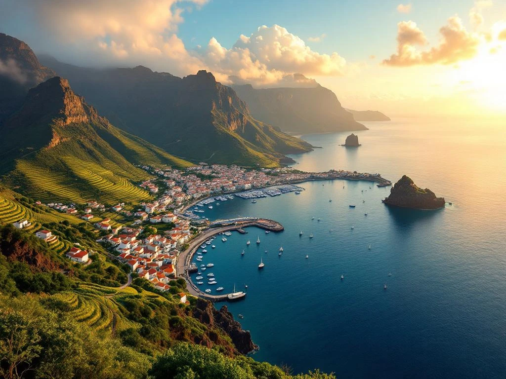 Luchtfoto van Madeira met terrasvormige wijngaarden, witte huizen met rode daken en kleurrijke vissersboten in haven