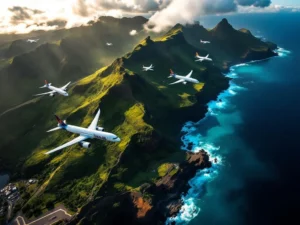 Luchtfoto van vliegtuigen boven Madeira's kustlijn met Funchal luchthaven, groene bergen en Atlantische Oceaan bij zonsondergang