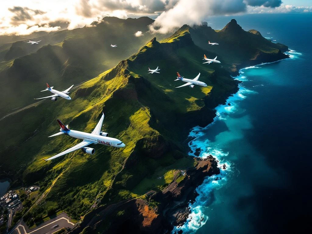 Luchtfoto van vliegtuigen boven Madeira's kustlijn met Funchal luchthaven, groene bergen en Atlantische Oceaan bij zonsondergang