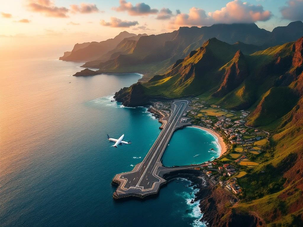 Vliegtuig nadert Madeira luchthaven op palen boven oceaan met vulkanische bergen en groene terrassen bij zonsondergang
