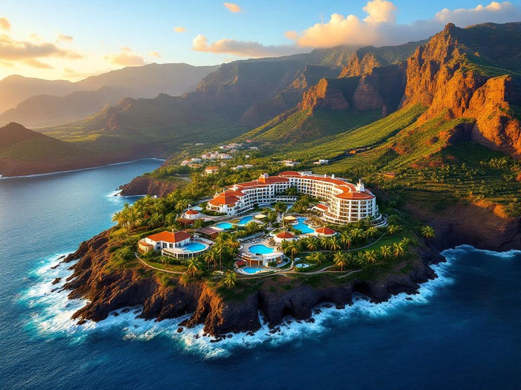 Luxe resort hotel op vulkanische kliffen van Madeira met zwembaden, tuinen en uitzicht op de Atlantische Oceaan bij zonsondergang