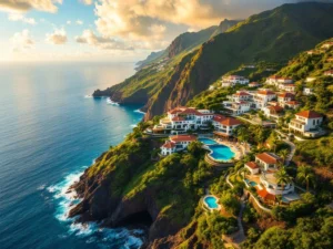 Luchtfoto van Madeira's kustlijn met luxe resorts op groene kliffen boven de Atlantische Oceaan