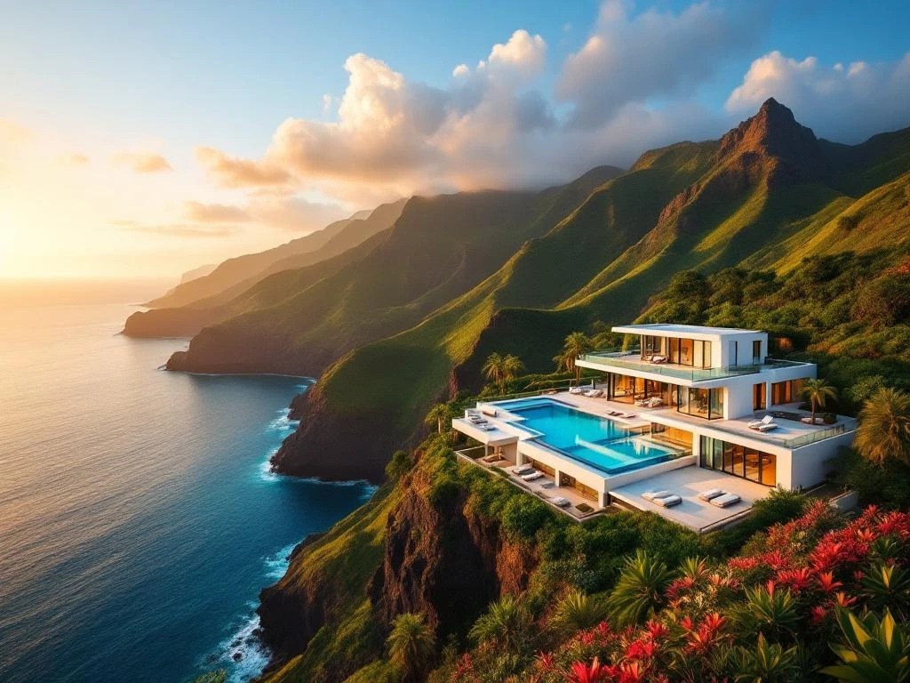 Luxe villa met infinity pool op vulkanische kliffen van Madeira met uitzicht op Atlantische Oceaan bij zonsondergang