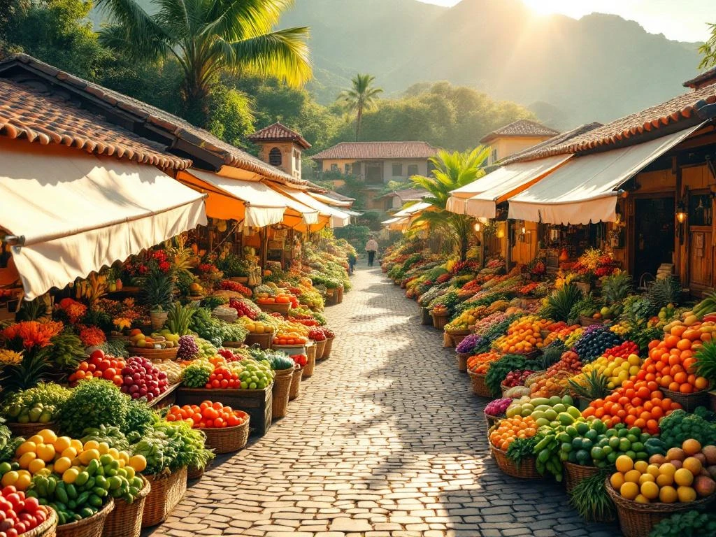 Luchtfoto van kleurrijke Portugese markt in Madeira met tropisch fruit, groenten en bloemen onder zonnige luifels