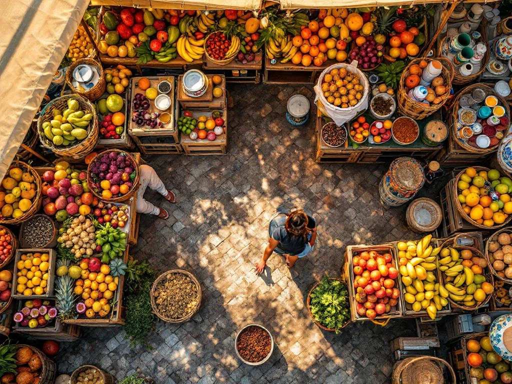 Overzicht van een traditionele Madeiraanse markt met tropisch fruit, kruiden en Portugees aardewerk in houten kratten