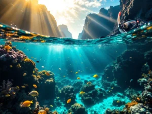Onderwater duikscène voor de kust van Madeira met vulkanische rotsen, kleurrijke vissen en zonnestralen door turkoois water
