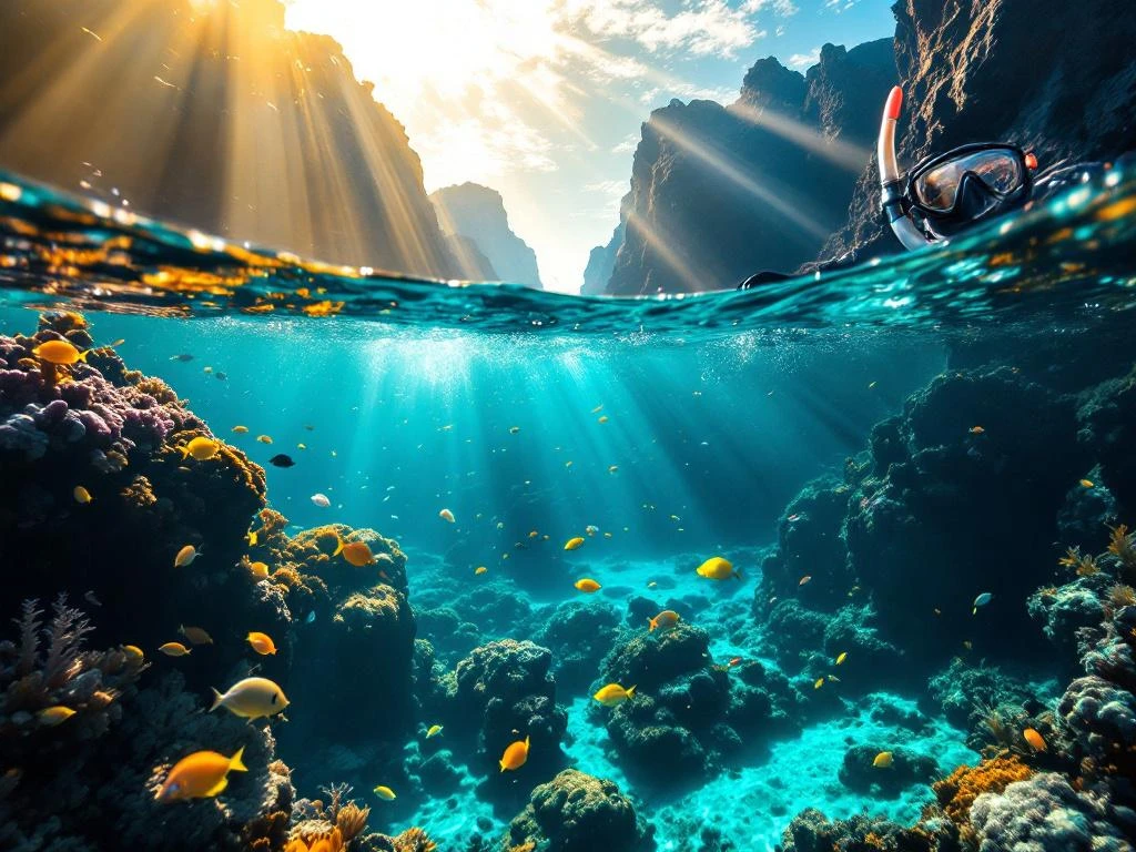 Onderwater duikscène voor de kust van Madeira met vulkanische rotsen, kleurrijke vissen en zonnestralen door turkoois water