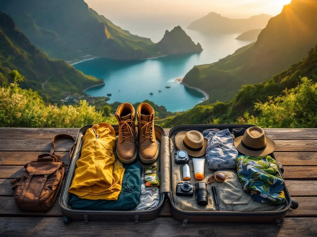 Reiskoffer met wandeluitrusting tegen achtergrond van Madeira's kustlijn en groene bergen