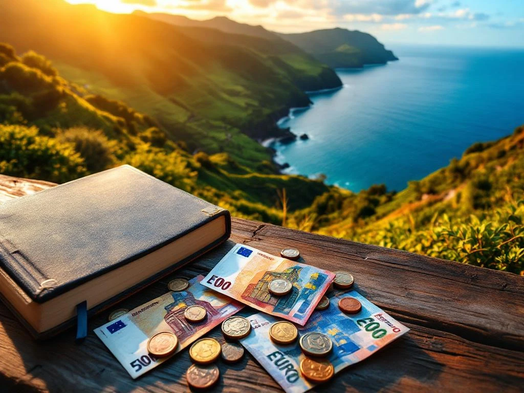 Luchtfoto van Madeira's kustlijn met terrasvormige wijngaarden, euro bankbiljetten en reisgids op houten tafel
