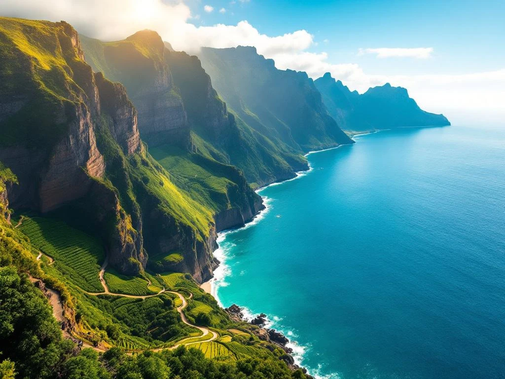 Luchtfoto van Madeira's kustlijn met smaragdgroene kliffen en reisdocument met beschermingssymbool op voorgrond