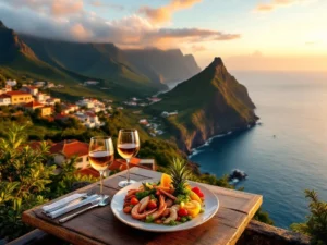 Luchtfoto van restaurant terras op Madeira kliffen met Atlantische Oceaan, Portugese architectuur en zeevruchten schotel