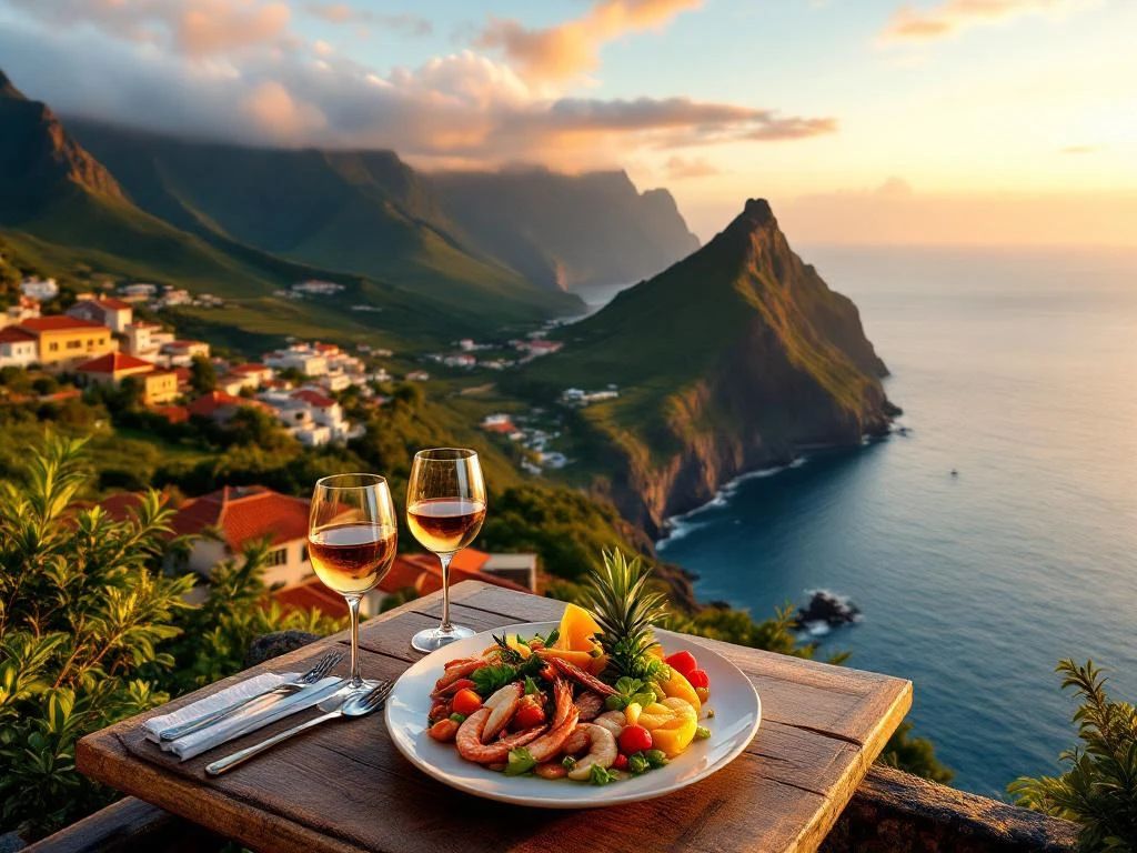 Luchtfoto van restaurant terras op Madeira kliffen met Atlantische Oceaan, Portugese architectuur en zeevruchten schotel