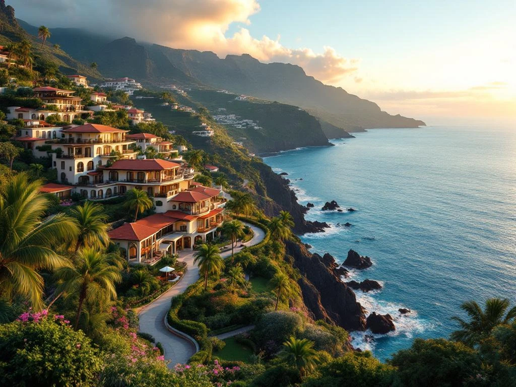 Luchtfoto van luxe seniorenvriendelijk resort aan Madeira's kust met toegankelijke paden en terracotta daken bij zonsondergang