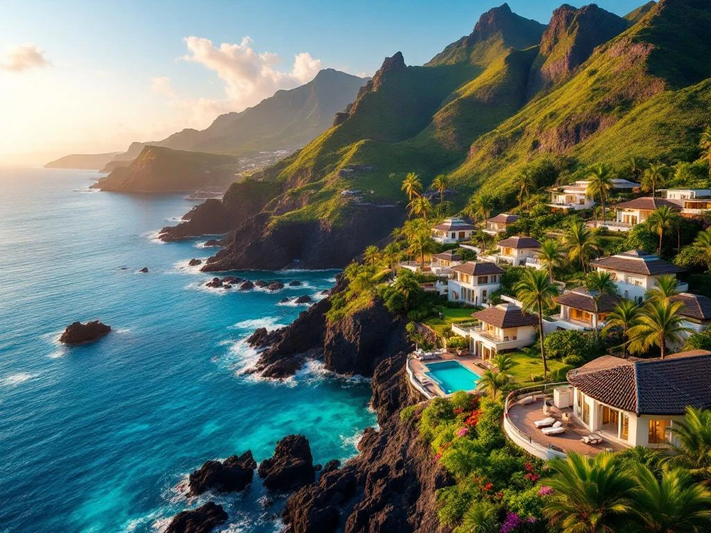 Luchtfoto van luxe spa resort op Madeira met infinity pool, vulkanische kliffen en turquoise oceaan bij zonsondergang