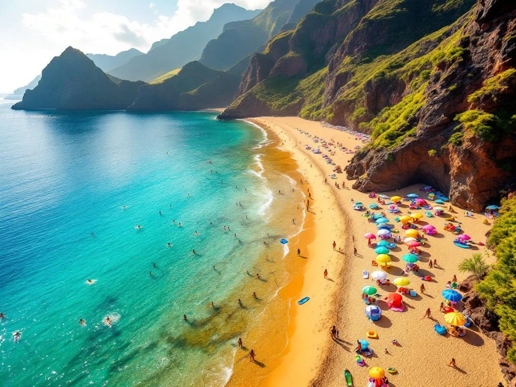 Luchtfoto van Madeira's kustlijn met families op goudkleurig strand, turquoise zee en groene bergen op achtergrond