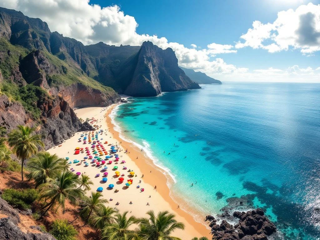 Gouden zandstrand op Madeira met turquoise water, kleurrijke parasols, vulkanische kliffen en palmbomen