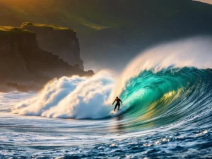 Surfer rijdt op turquoise golf voor Madeira's zwarte vulkanische kliffen tijdens gouden uur