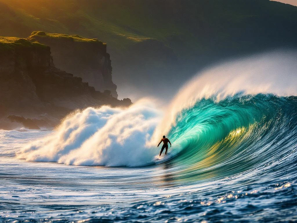 Surfer rijdt op turquoise golf voor Madeira's zwarte vulkanische kliffen tijdens gouden uur