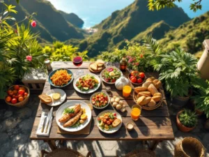 Portugese gerechten op houten tafel op Madeira terras met uitzicht op groene bergen en oceaan