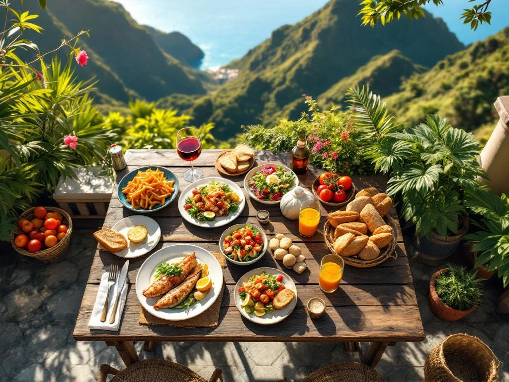 Portugese gerechten op houten tafel op Madeira terras met uitzicht op groene bergen en oceaan