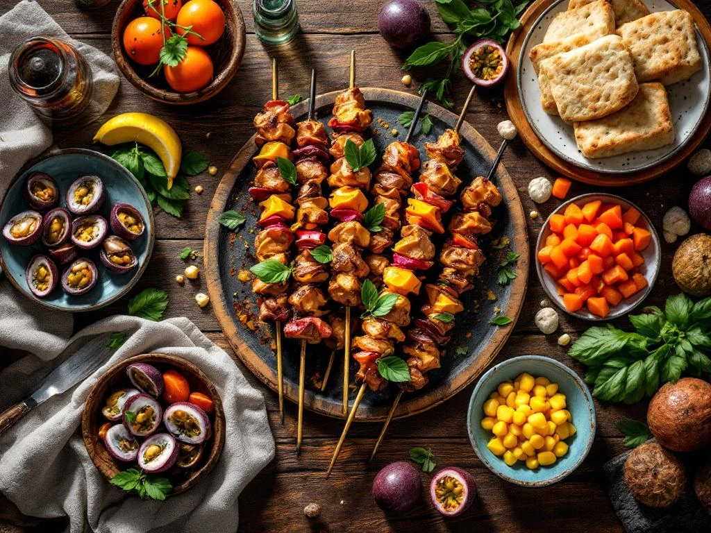 Traditionele Madeiraanse gerechten met espetada spiesjes, bolo do caco brood en verse zeevruchten op rustieke houten tafel