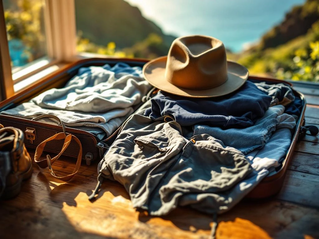 Open koffer met zorgvuldig gevouwen vakantiekledij voor Madeira, inclusief wandelschoenen en regenjas op houten tafel