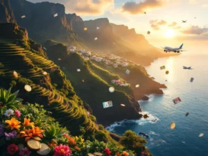 Luchtfoto van Madeira's kustlijn met terrasvormige wijngaarden, euro munten en reispictogrammen tijdens gouden uur
