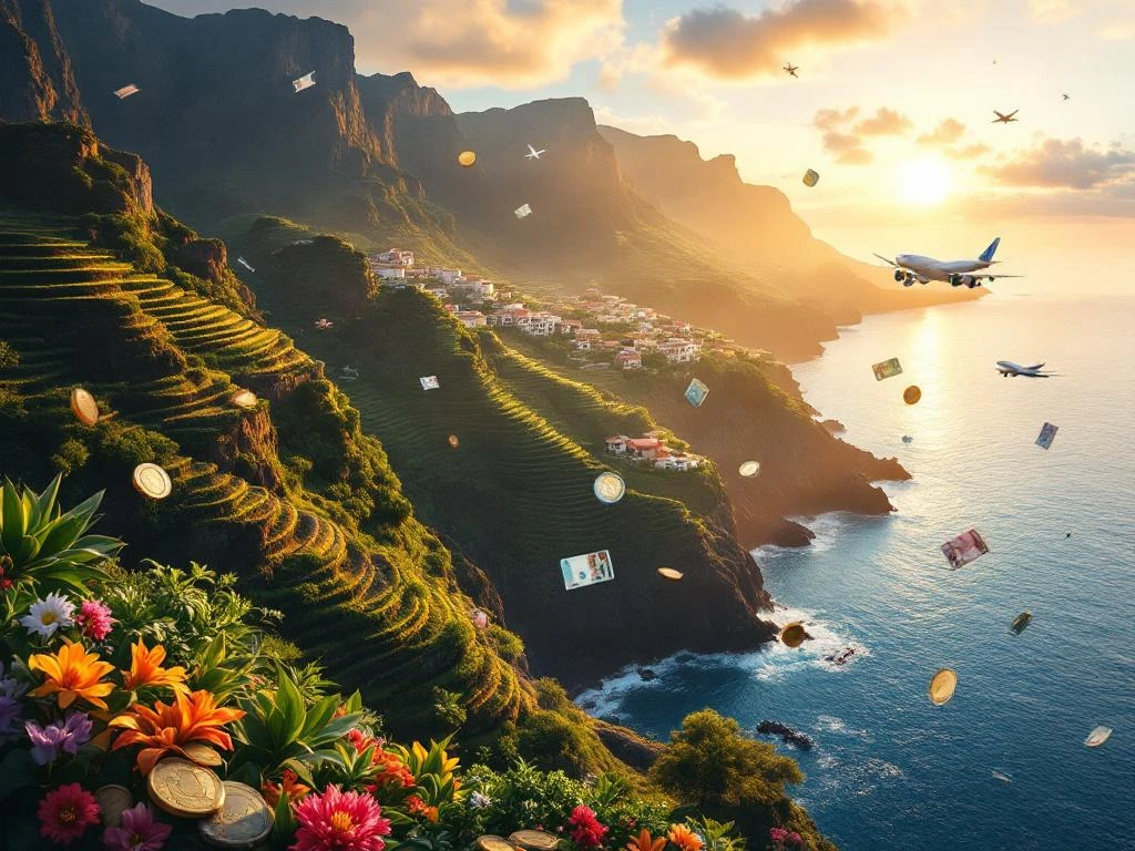 Luchtfoto van Madeira's kustlijn met terrasvormige wijngaarden, euro munten en reispictogrammen tijdens gouden uur