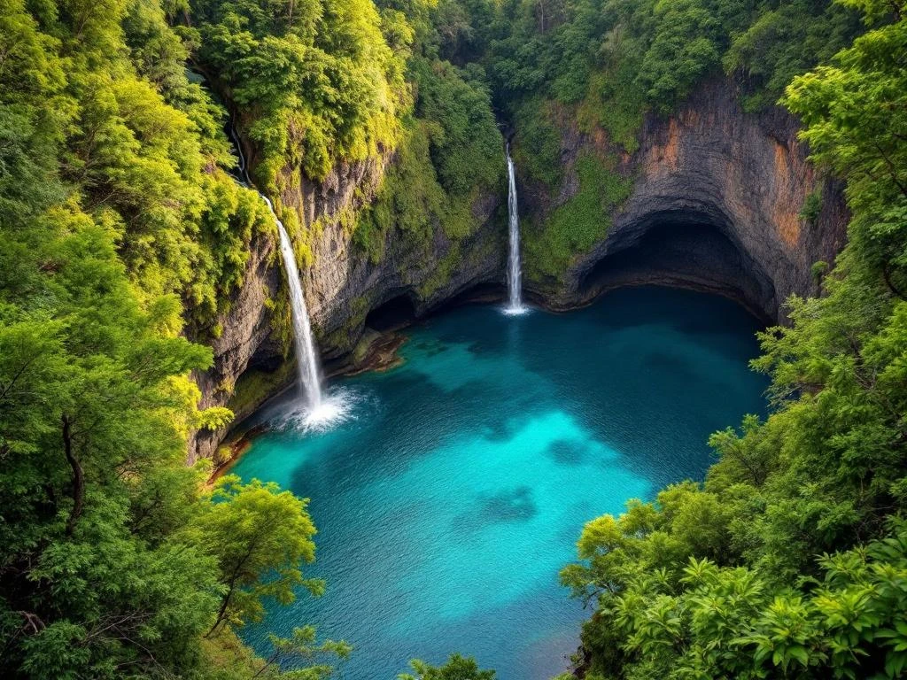Luchtfoto van Madeira's smaragdgroene lagune tussen vulkanische kliffen met waterval en subtropische vegetatie