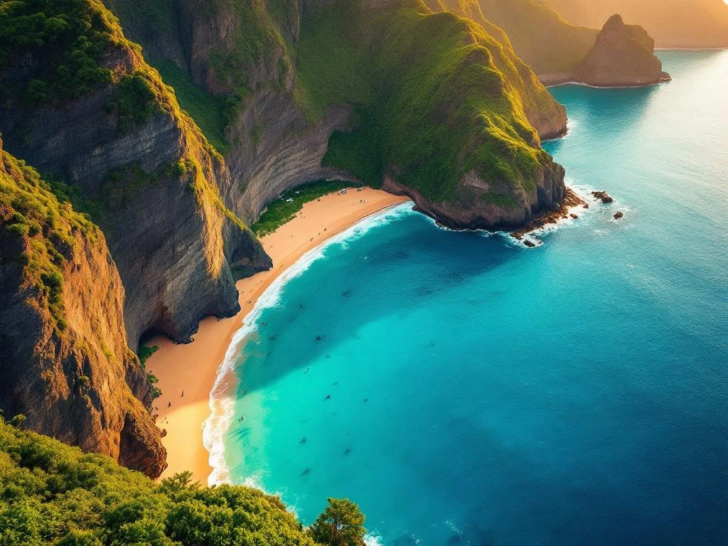 Luchtfoto van afgelegen strand op Madeira met turkooisblauw water omringd door groene kliffen en subtropische vegetatie