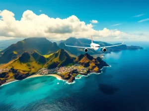 Vliegtuig vliegt boven dramatische kustlijn van Madeira met groene kliffen en turquoise Atlantische wateren