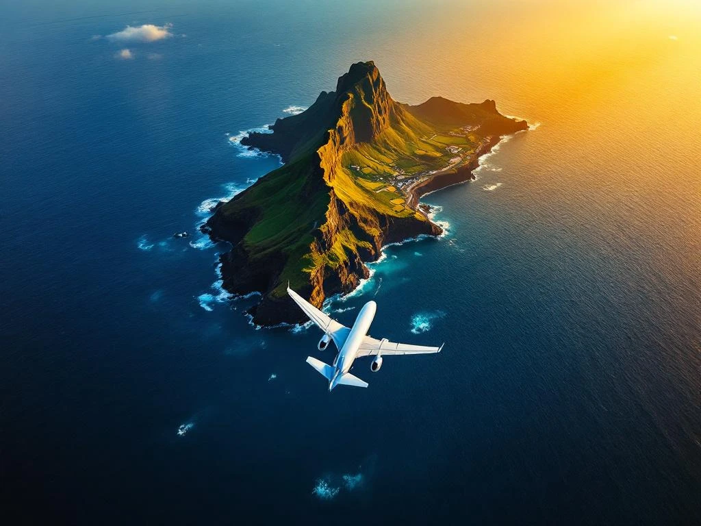 Vliegtuig vliegt over Madeira eiland naar Cristiano Ronaldo luchthaven, met groene bergen en Atlantische oceaan bij zonsondergang