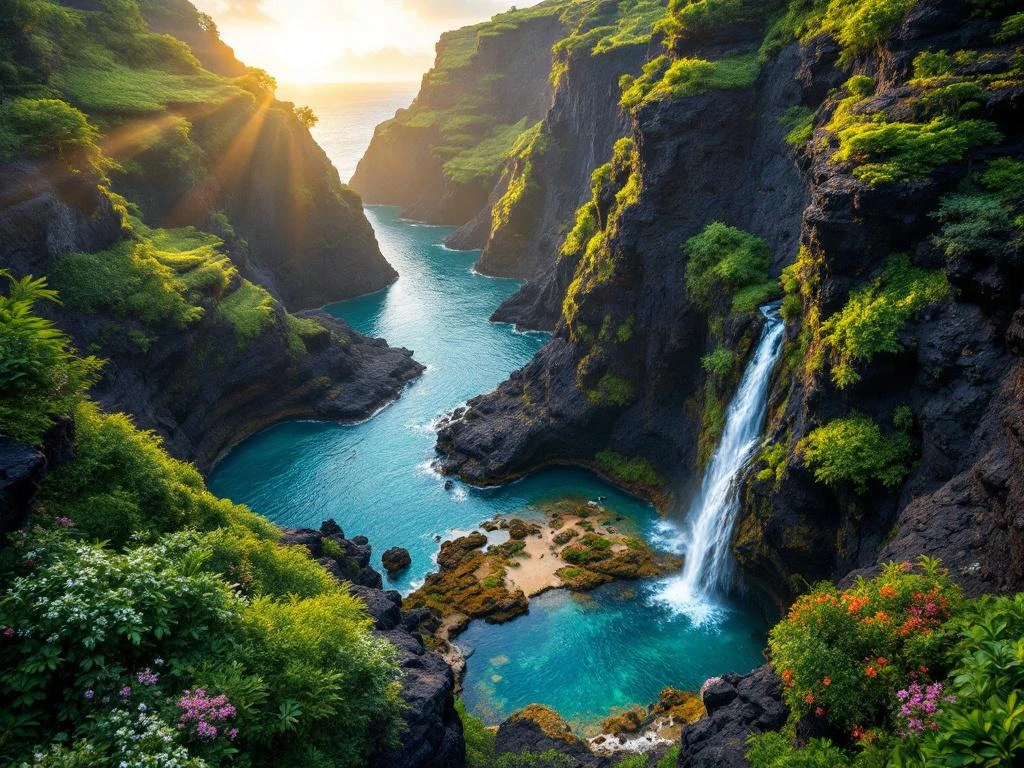 Luchtfoto van Madeira's vulkanische kustlijn met natuurlijke zwembaden in zwart gesteente en turquoise water bij zonsondergang