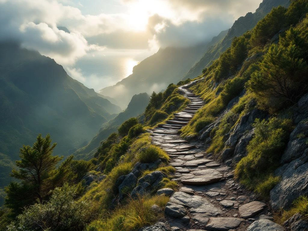 Steile bergwandelpad op Madeira door groene laurierbos met rotsen, mist en oceaanzicht op de achtergrond