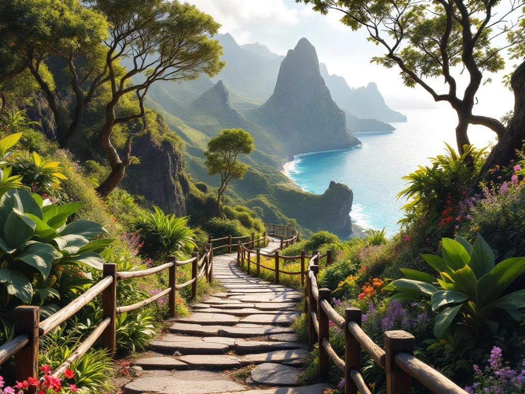 Wandelpad door groene bergen van Madeira met houten leuningen en stenen treden, Atlantische oceaan op achtergrond