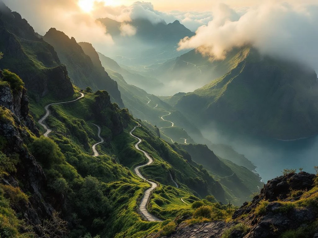 Luchtfoto van Madeira's berglandschap met wandelpaden, levada's en groene vulkanische natuur bij zonsopgang