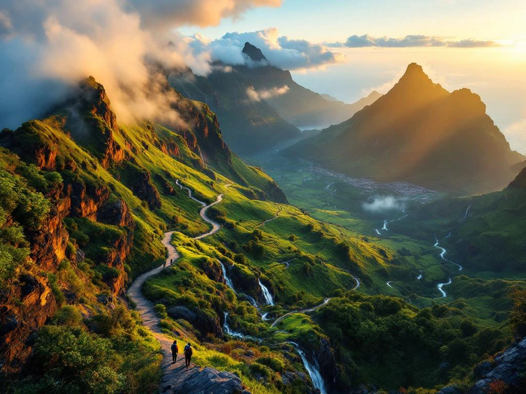 Luchtfoto van Madeira's bergachtige landschap met wandelaars op levada-pad tussen laurierbossen en watervallen