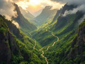 Luchtfoto van Madeira's berglandschap met kronkelende wandelpaden door groene kliffen en mistige pieken